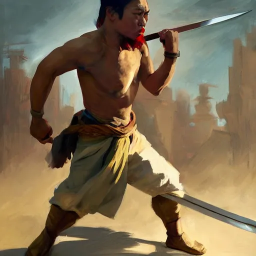 Prompt: greg manchess side portrait of a filipino fighter mockingly swinging a sword, organic painting, sunny day, matte painting, bold shapes, hard edges, street art, trending on artstation, by huang guangjian, gil elvgren, ruan jia, randy vargas, greg rutkowski