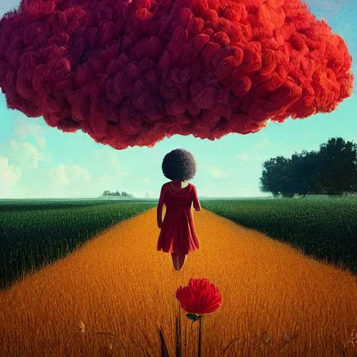 Prompt: giant red carnation afro head, full body, girl walking in the middle of a wheat field, surreal photography, hills, sunrise dramatic light, impressionist painting, colorful clouds, digital painting, pointillism, artstation, simon stalenhag