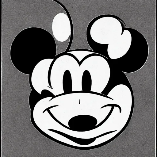 Image similar to Mickey Mouse face with three eyes, symmetrical, 1930's illustration