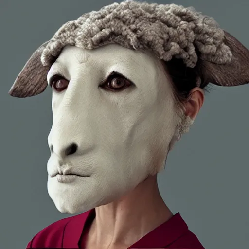 Image similar to A woman with a sheep head, photorealistic, film still