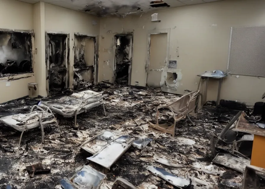 Prompt: a room in a hospital set on fire by an explosion, cats outside of the shelter