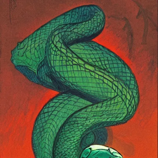 Image similar to navajo green by charles vess, by maurice utrillo accurate. a beautiful illustration of a snake eating its own tail that seems to go on forever.