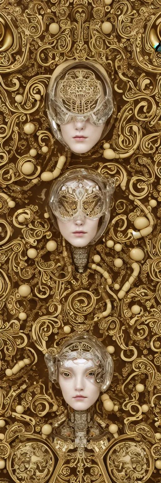 Prompt: seamless pattern of beautiful cybernetic baroque robot, beautiful baroque porcelain face + body is clear plastic, inside organic robotic tubes and parts, damask patern, front facing, wearing translucent baroque rain jacket, carved gold panel + symmetrical composition + intricate details, hyperrealism, wet, reflections + by alfonse mucha, no blur