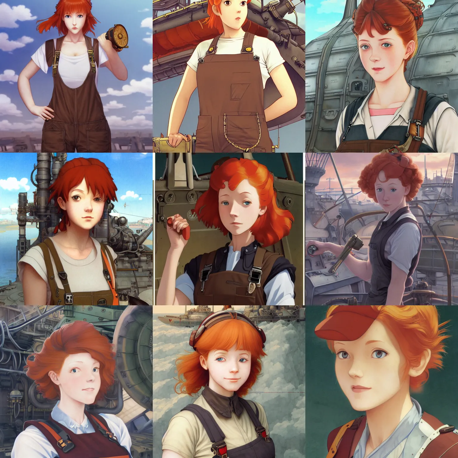 Prompt: Portrait of a redheaded female airship engineer wearing a tank top and dungarees in the guts of a ship, dieselpunk, defined facial features, highly detailed, artstation, official artbook, official Kyoto Animation and Studio Ghibli anime screenshot, by Range Murata and William-Adolphe Bouguereau