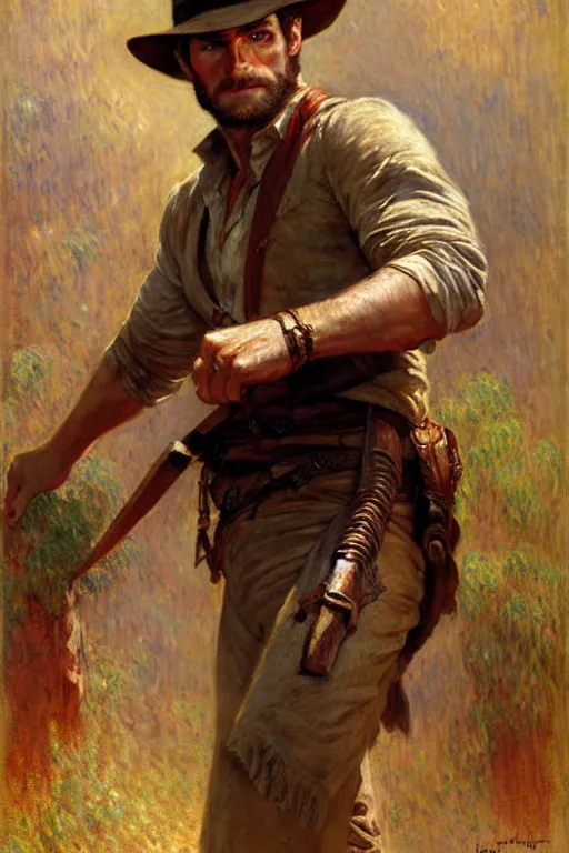 Image similar to henry cavill as indiana jones, painting by gaston bussiere, craig mullins, j. c. leyendecker, claude monet