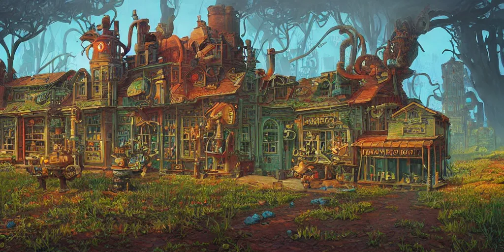 Image similar to a beautiful and highly detailed painting of an aaahh!!! Real Monsters apothecary by James Gurney and beeple | Unreal Engine: .4 | establishing shot | graphic novel, illustration: .5 | Tim White: .2