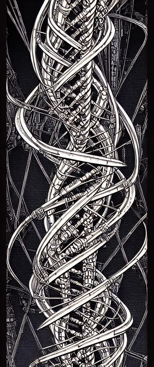 Prompt: a double helix dna cyberpunk steampunk etched pillar, high details, bold line art, by vincent di fate and joe fenton, inking, screen print, masterpiece, trending on artstation, sharp, high contrast, hyper - detailed,, hd, 4 k, 8 k