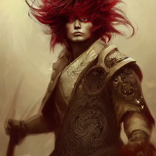 Image similar to an epic portrait of a person looking like donald trump wielding a spear, magical aura of insanity, intricate hakama, poofy red wig, eerie, highly detailed, dark fantasy, art by artgerm and greg rutkowski