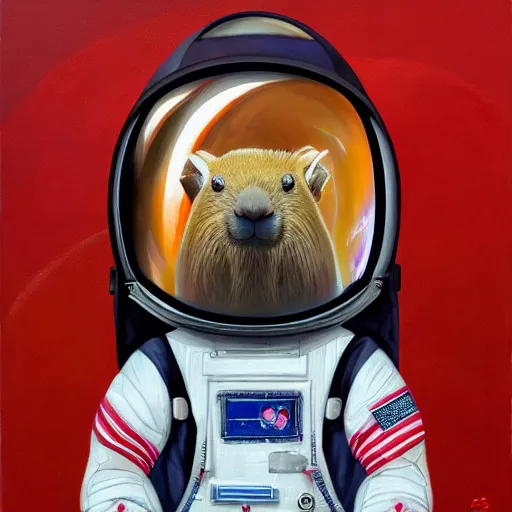 Prompt: beautiful detailed and adorable portrait of a capybara astronaut in a spacesuit, super cute, new contemporary, pop surrealism, oil painting, by alexander trufanov