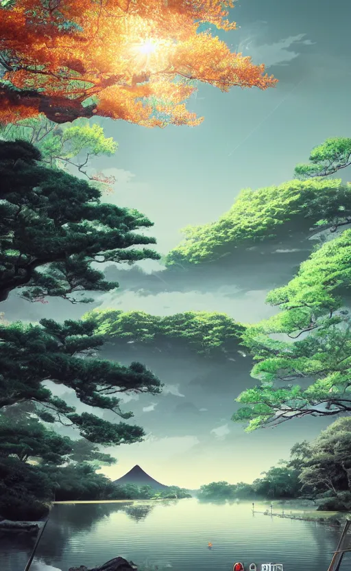 Prompt: japanese inspired poster, beautiful japanese architecture and nature, japanese beautiful aesthetic, photorealistic, lake, light rays theough the trees, 8 k image, studio ghibli anime style