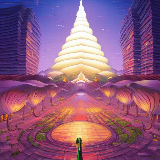 Prompt: street view of gigantic lotus flower temple city at night by cyril rolando and naomi okubo and dan mumford and ricardo bofill