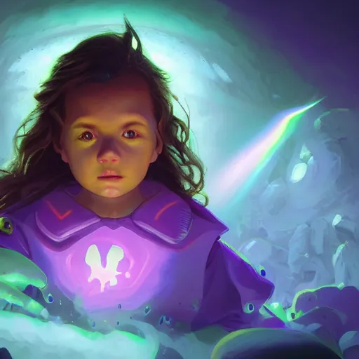 Prompt: a stylized portrait of a powerful baby with wavy brown hair and green eyes as an angry scientist, stylized, arcane magic, blue and purple vapor, neon color, vivid color, lens flare, volumetric light from below, background by justin gerard, hyperdetailed concept art by Ross Tran and Greg Rutkowski, high quality DnD illustration, trending on ArtStationHQ, 8k