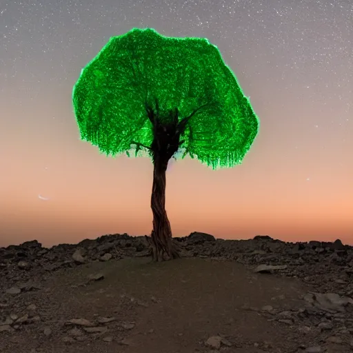 Prompt: neon tree on top of pyramid, on planet mars