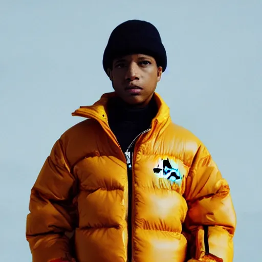 Image similar to realistic! photoshoot for a new the north face lookbook, color film photography, portrait of a beautiful woman wearing a puffer jacket, photo in style of tyler mitchell, 35mm