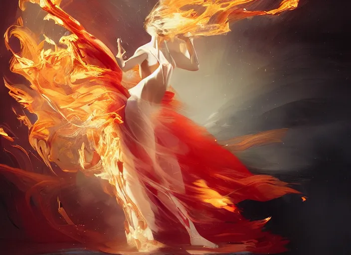 Image similar to a dancer wearing a flowing gown, engulfed in a whirling fire tornado firestorm, emitting smoke and sparks, fantasy, cinematic, fine details by realistic shaded lighting poster by ilya kuvshinov katsuhiro otomo, magali villeneuve, artgerm, jeremy lipkin and michael garmash and rob rey