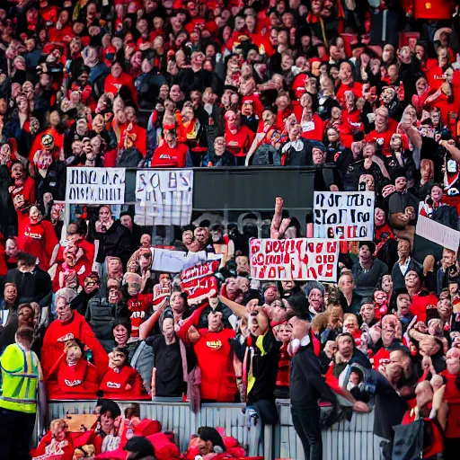 Image similar to protests at old trafford theatre of dreams against the glazers, # glazersout, stadium, chaos, protest, banners, placards, burning, owners of manchester united football club, pure evil, 8 k, wide angle lens, 1 6 - 3 5 mm, symmetry, cinematic lighting - w 1 0 2 4