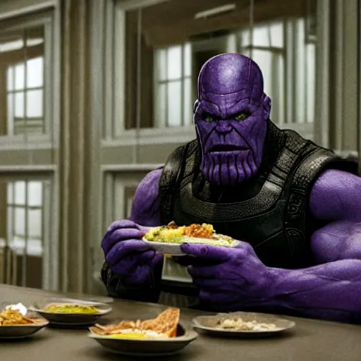 Image similar to Thanos eating lunch in prison, movie still, cinematic, extremely detailed