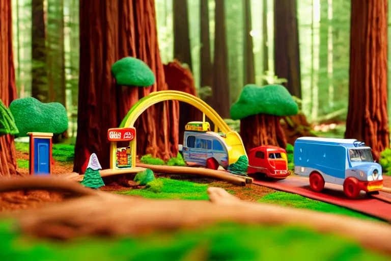 Image similar to fisher price redwood forest, california scene from tv show hyper detailed 5 5 mm 8 5 mm, toy photography