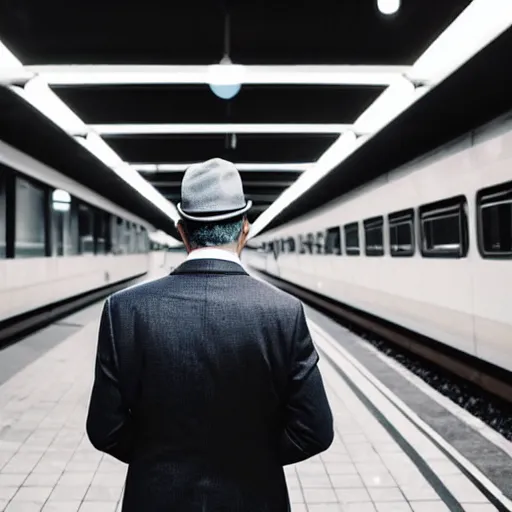 Image similar to a man in a suit waiting at a train station with a view of outer space on the other side of the tracks, award-winning photograph