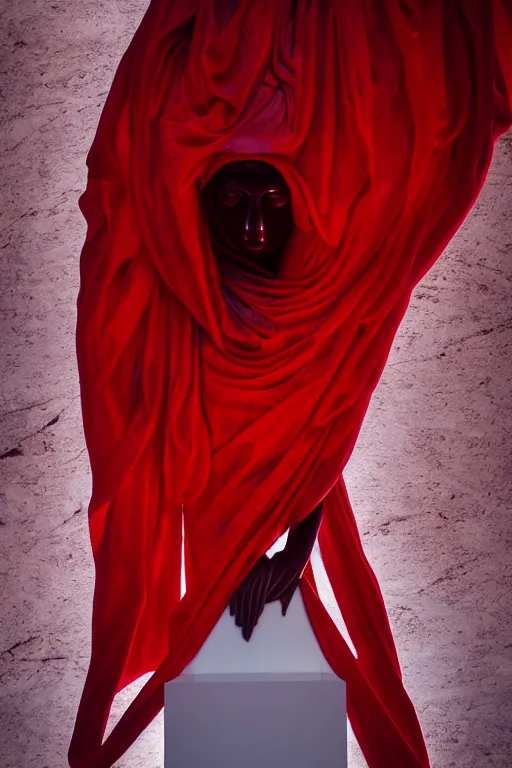 Image similar to the unknown maiden hiding his face under a red silk veil, statue made with embossed polished dark marble, sculpted by hedi xandt and bernini, epic and cinematic view, volummetric light, intricate, detailed, 8 k