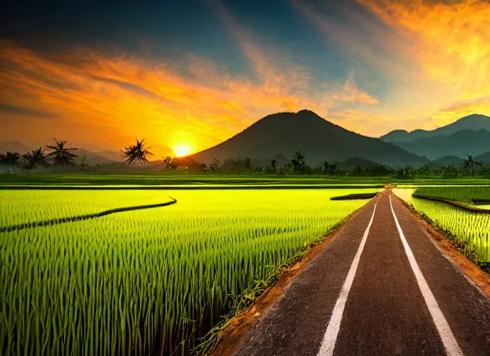 Image similar to a road between rice paddy fields, two big mountains in the background, big yellow sun rising between 2 mountains, indonesia national geographic, award winning dramatic photography