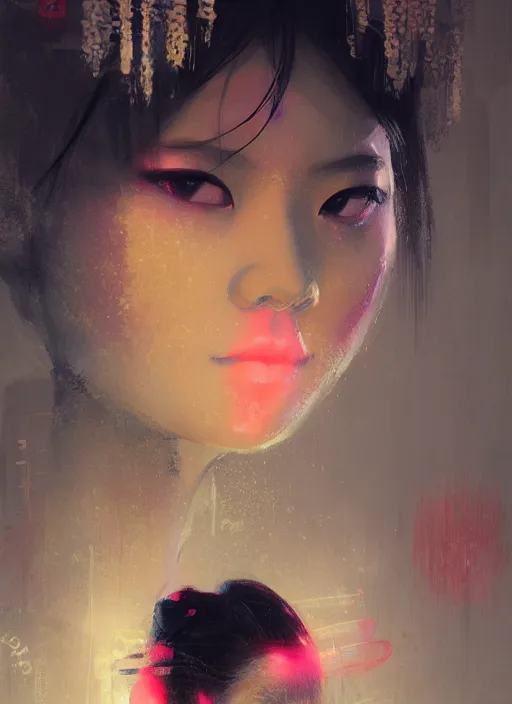 Image similar to female geisha girl, beautiful face, neon, rule of thirds, intricate outfit, spotlight, by greg rutkowski, by jeremy mann, digital painting