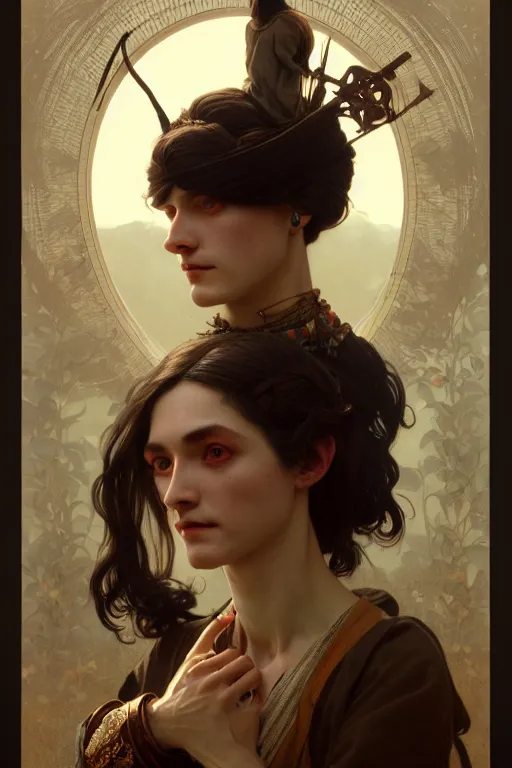 Image similar to ultra realistic, thin man in peasant clothes, black hair, brown eyes, occult jewelry, fantasy, intricate details, eerie, highly detailed, octane render, 8 k, art by artgerm and alphonse mucha and greg rutkowski