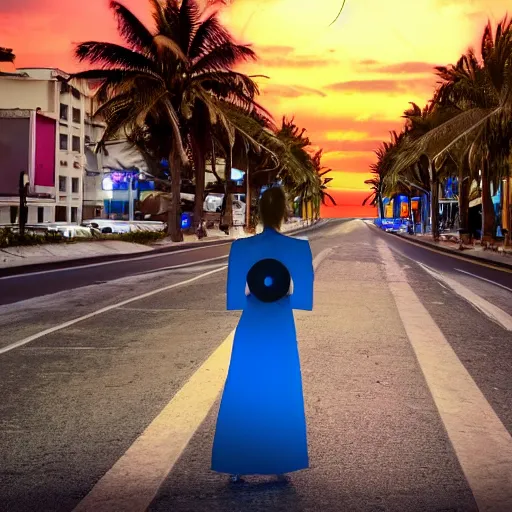 Image similar to a woman facing an portal on the street. the street leads dozen a city. the portal is oval, upright and surrounded by blue energy. the portal leads to a beach at sunset