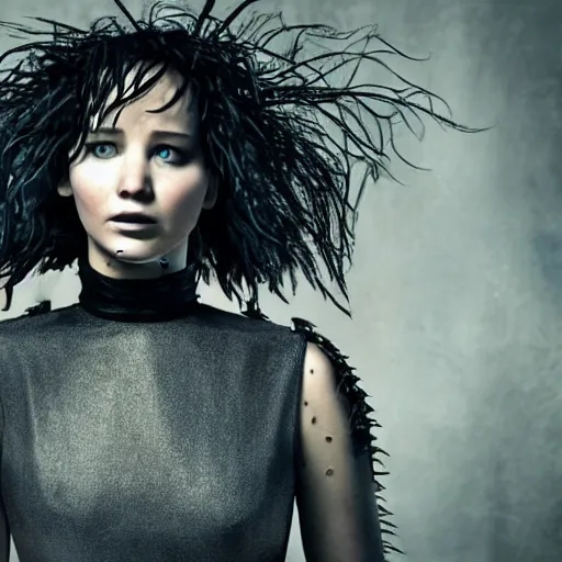 Prompt: Jennifer Lawrence as Eddy Scissorhands in Edward Scissorhands Remake, (EOS 5DS R, ISO100, f/8, 1/125, 84mm, postprocessed, crisp face, facial features)