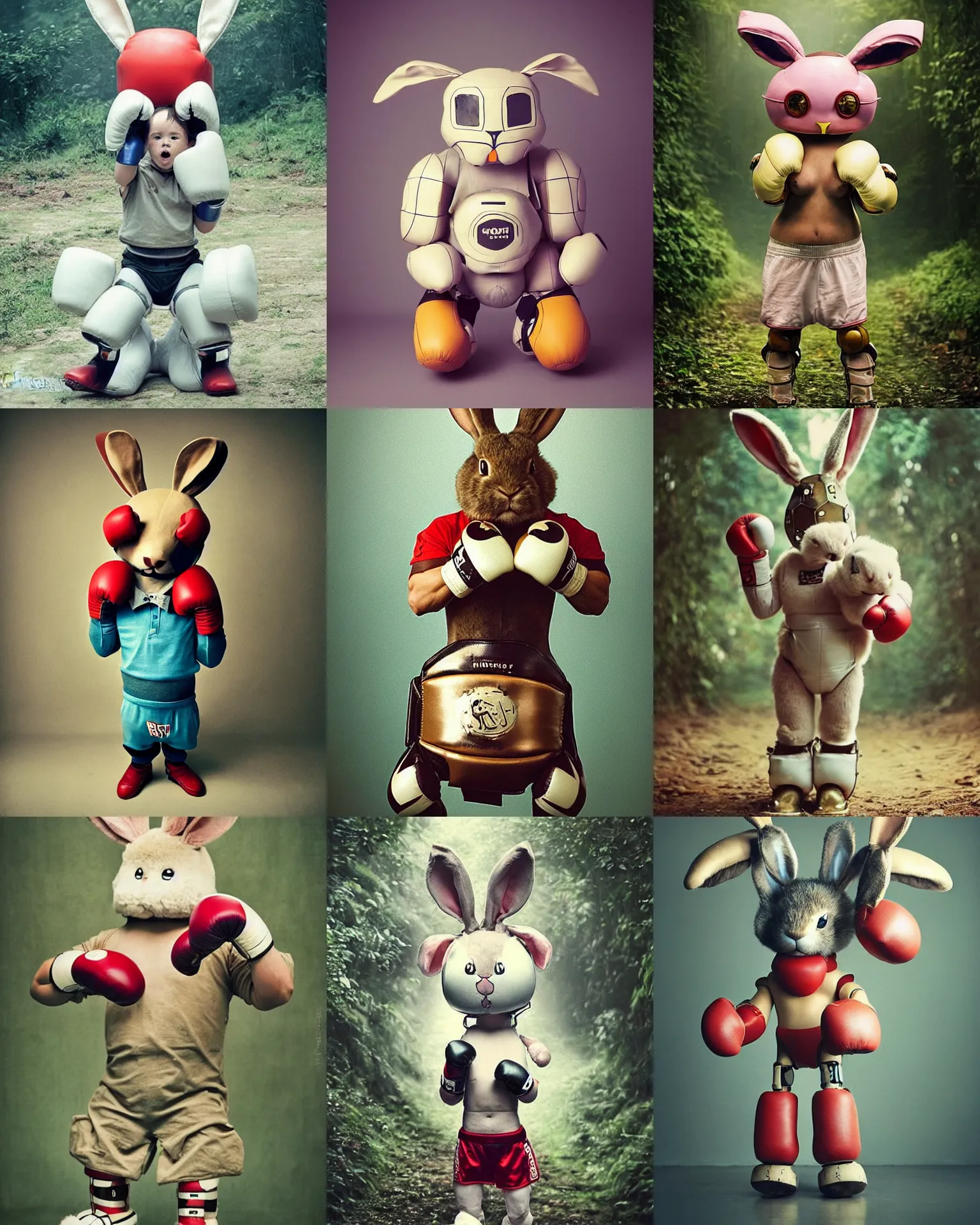 Prompt: boxing champion pose !! giant oversized battle rabbit robot chubby mech baby as boxing champion with gloves!!! with big ears and rabbit , on a jungle forest , full body , Cinematic focus, Polaroid photo, vintage , neutral dull colors, soft lights, foggy ,random weather, by oleg oprisco , by victor enrich