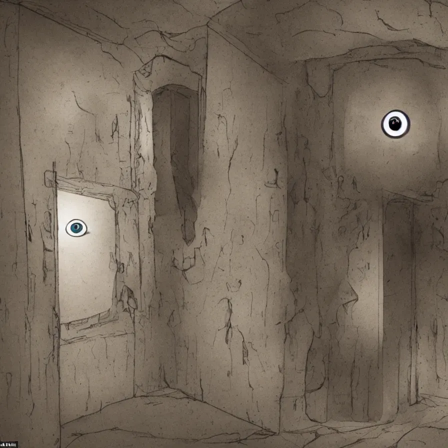 Image similar to an intelligent room that is aware of everything inside it, the room has eyes, appendages, and a mouth. there are scared prisoners inside the intelligent room