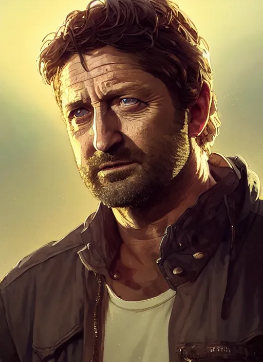 Image similar to Highly detailed portrait of Gerard Butler, in GTA V, Stephen Bliss, unreal engine, fantasy art by Greg Rutkowski, Loish, Rhads, ferdinand knab, Makoto Shinkai and Lois van baarle, ilya kuvshinov, rossdraws, Tom Bagshaw, alphonse mucha, global illumination, radiant light, detailed and intricate environment