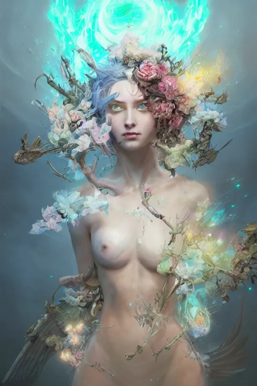 Image similar to beautiful girl necromancer exploding into flowers, angels, 3 d render, hyper - realistic detailed portrait, holding electricity and birds, ruan jia, wlop. scifi, fantasy, hyper detailed, octane render, concept art, peter mohrbacher