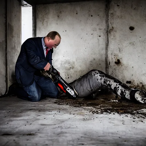 Image similar to putin with a chainsaw and a corpse. in a concrete bunker. focus on face with blood splatters. canon eos r 3, f / 1. 4, iso 4 0 0, 1 / 1 6 0 s, 8 k, raw