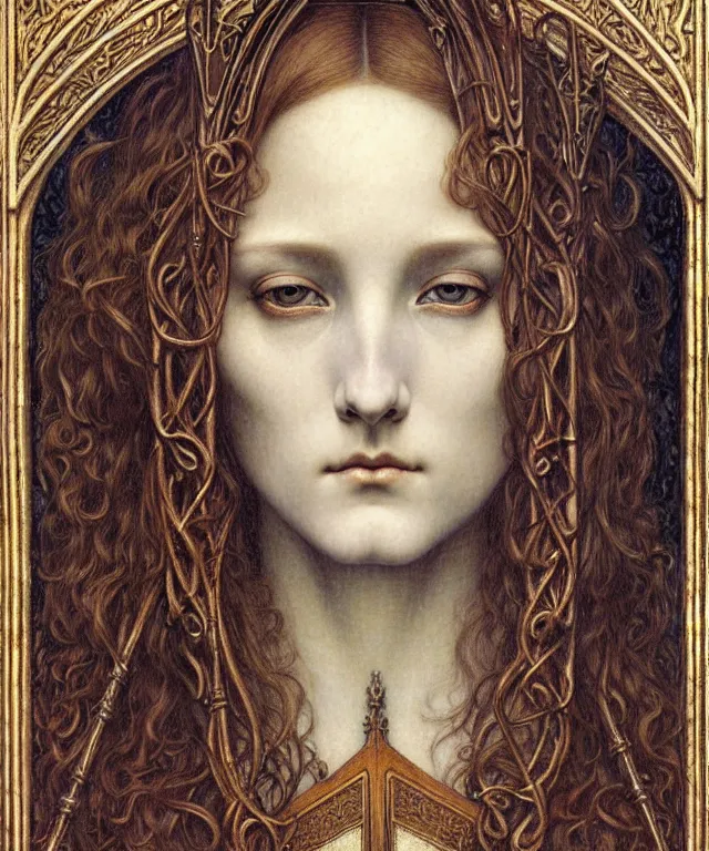 Image similar to detailed realistic beautiful young medieval queen face portrait by jean delville, gustave dore and marco mazzoni, art nouveau, symbolist, visionary, gothic, pre - raphaelite. horizontal symmetry