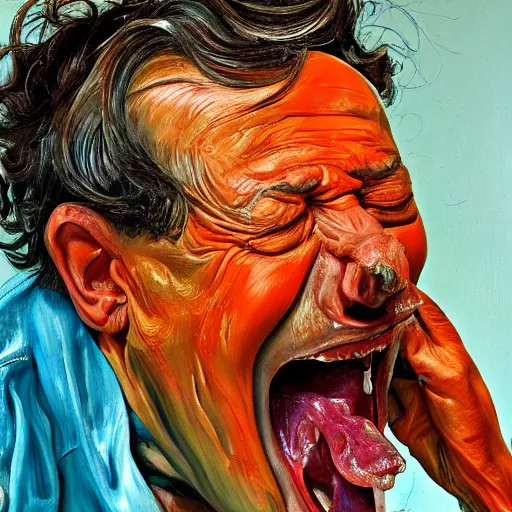 Image similar to high quality high detail painting of a man screaming in agony by lucian freud and jenny saville and francis bacon, hd, anxiety, turquoise and orange