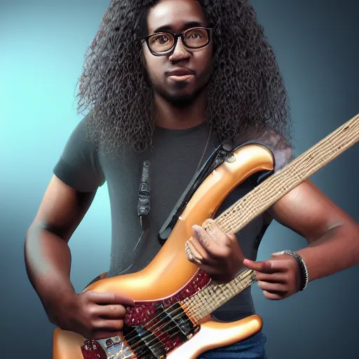 Prompt: photorealistic portrait of a half electric guitar half black man at 20's years old, with long curly hair, wearing eyeglasses, hyper realistic octane render, extremely detailed, trending on artstation