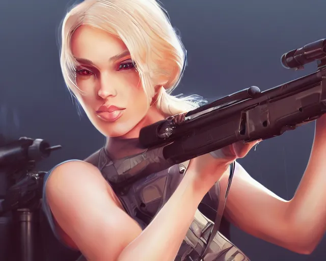 Prompt: closeup of beautiful blonde female sniper aiming at target, award winning sniper photography, extremely detailed, artstation, 8 k, sensual lighting, incredible art, wlop, artgerm, backlit, rim lighting, hi - fructose, cellshading, intricate lineart