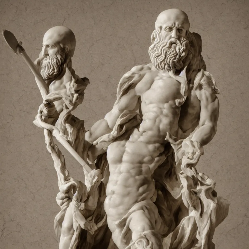 Image similar to epic greek marble statue of a bald man with a long beard playing a marble guitar, photo, chiaroscuro