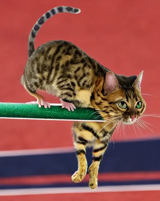 Prompt: A mouse performing a pole vault at the Olympics over a a hungry Bengal Cat, photoreal