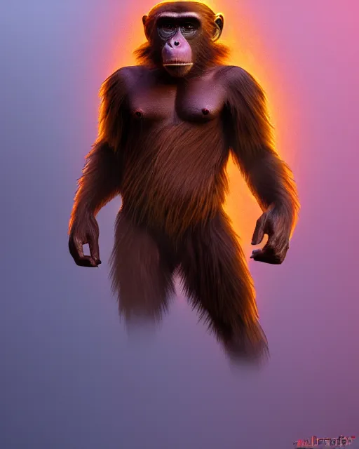 Prompt: fury art, an anthro ape monkey wearing a large cape and a fantasy armor, jungle, fiery background, 3 d, 8 k, extremely detailed, trending on furaffinity, trending on artstation, award winning, sharp focus, illustration