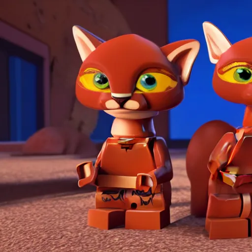 Prompt: lego cute caracal talking to a mr cute caracal head pixar animation super - fine detail uplight cinematic hd