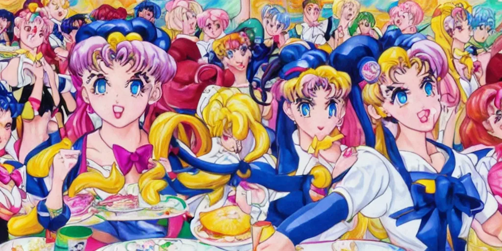 Image similar to sailor moon food fight in cafeteria, detailed facial expression, surrealism aesthetic