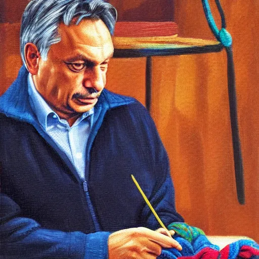 Image similar to viktor orban knitting a scarf, oil painting