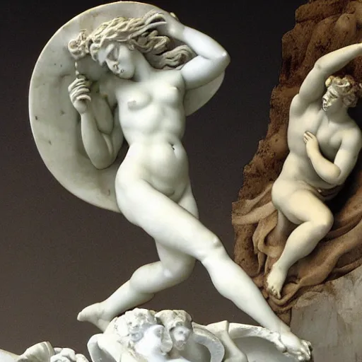 Prompt: sculpture of venus chasing persephone made by michelangelo, carrara marble, gray background