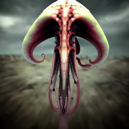 Prompt: A demon that looks like a squid, photorealistic, film still, desolate, terrifying, weird, strange, odd, uncanny, horrifying, horrific, spine-chilling, sinister, menacing, ominous, threatening
