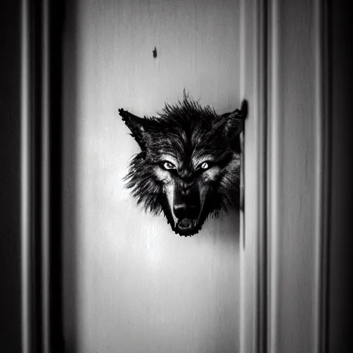 Image similar to photograph of a werewolf in the door frame of a bedroom, black and white, creepy, blurry