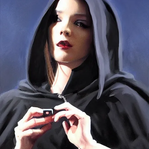 Image similar to greg manchess portrait painting of death in a black hooded cape looking at a smart phone overwatch character, medium shot, asymmetrical, profile picture, organic painting, sunny day, matte painting, bold shapes, hard edges, street art, trending on artstation, by huang guangjian and gil elvgren and sachin teng and phil hale