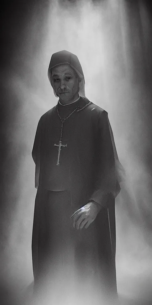 Image similar to a highly realistic and detailed full Priest standing in a dark dirty basement holding a rosary, wide angle 70mm lens, volumetric haze, front facing camera, symmetrical, photorealistic, insanely detailed and intricate, epic, hyper realistic, elegant, ornate, elite, horror, creepy, ominous, haunting, cinematic lighting, unreal engine, cinematic centered camera, high detail, no blur, unreal engine 8k