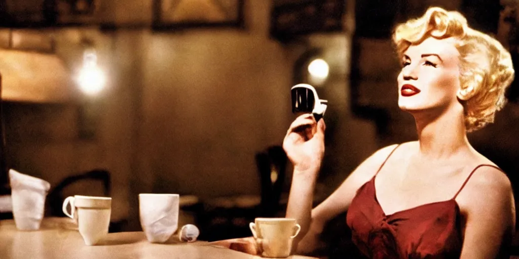 Image similar to A close-up, color cinema film still of a marlin monroe drinking coffee at a starbucks, ambient lighting at night.